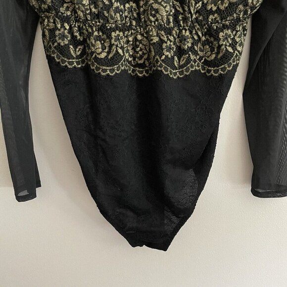 Cacique 18/20 Black Gold Metallic Lace Mesh Sheer Gothic Long Sleeve Bodysuit - Picture 3 of 12